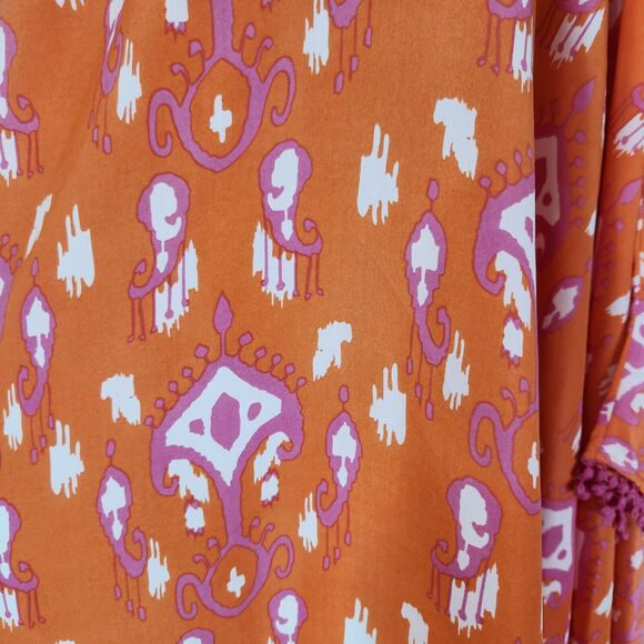Mud Pie One Shoulder Large XL Pom Pom Beach Cover Up Orange Pink Ikat Print NWT - Picture 3 of 5